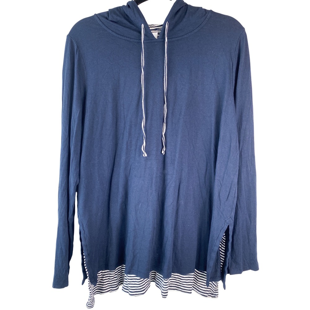 J Jill Womens Hoodie L Tall Navy Striped Layered Nautical Coastal Modal Beachy